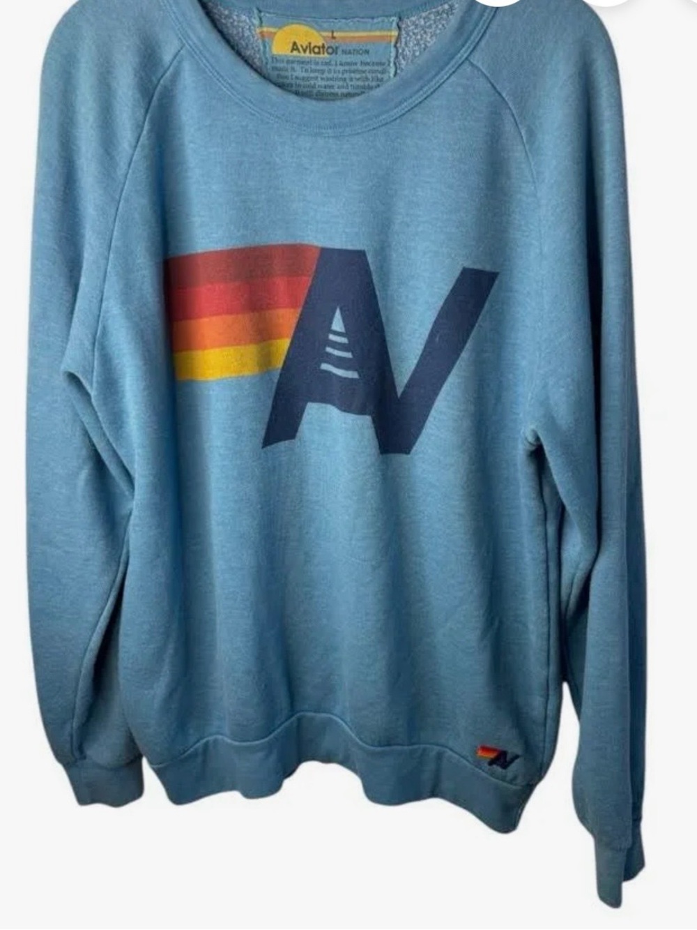 Aviator Nation Light Blue Crewneck Sweatshirt with Rainbow AV Logo